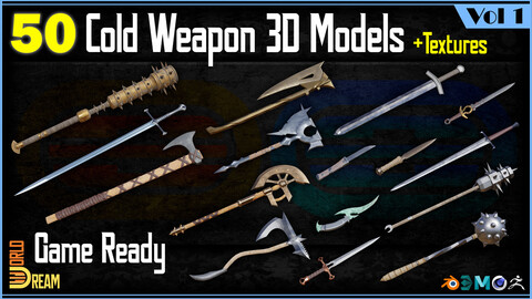 50 Cold Weapon 3D Models with Textures | Game Ready | Vol 1