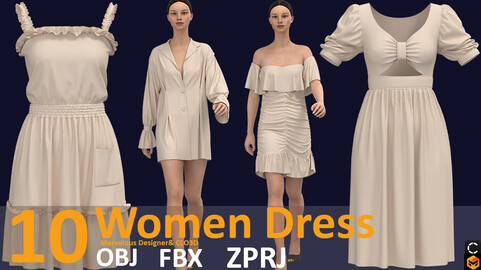 10 basic women's dress 3d models (VOL.01) Zprj, Fbx, OBJ