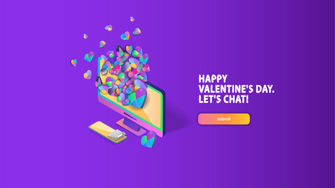 Colored hearts fly out of the office computer screen on Valentine's Day