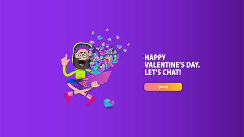 A cartoon man with glasses is sitting with a laptop from which colored hearts fly out