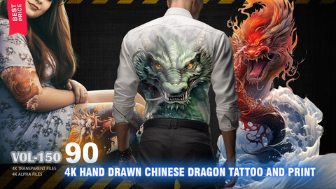 90 4K HAND DRAWN CHINESE DRAGON TATTOO AND PRINT- HIGH END QUALITY RES - (TRANSPARENT & ALPHA ) - VOL150
