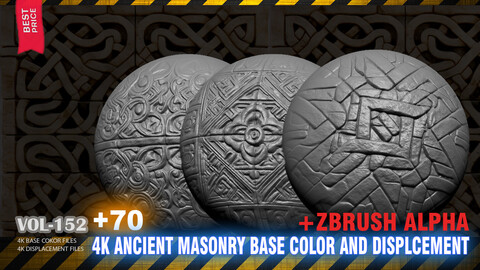 +70 4K ANCIENT MASONRY BASE COLOR AND DISPLACEMENT PATTERNS (ZBRUSH ALPHA) - HIGH END QUALITY RES - VOL152