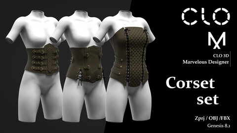 Corset set / Marvelous Designer/Clo3D project file + OBJ