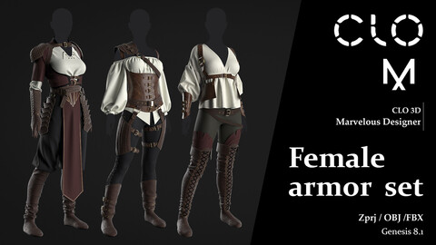 Female armor  set / Marvelous Designer/Clo3D project file + OBJ