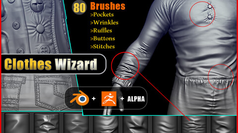 Clothes Wizard - 80 Brushes for realistic Clothes Sculpting - For ZBRUSH and BLENDER + Alphas