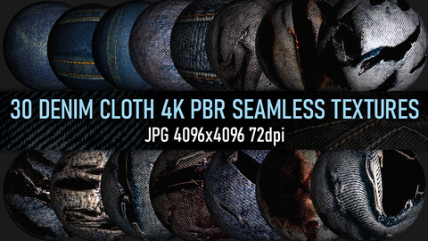 30 Dirty, torn and bloody denim jeans cloth seamless photo 4k PBR texture pack.