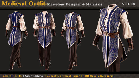 Medieval Outfit- MD/Clo3d + Smart Material + 4K Textures + OBJ + FBX (vol 18)