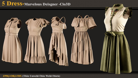 5 Dress /Marvelous Designer-Clo3D (ZPRJ + FBX + OBJ)