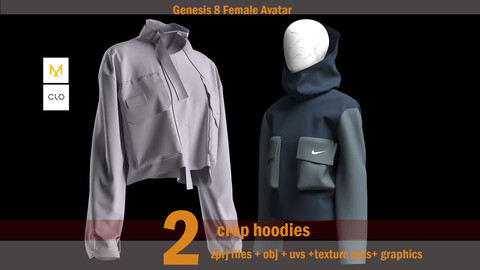 2 womens crop hoodies(zprj files + obj + uvs +texture sets+ graphics)