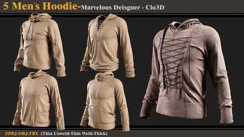 5 Men's Hoodie /Marvelous Designer-Clo3D (ZPRJ + FBX + OBJ)