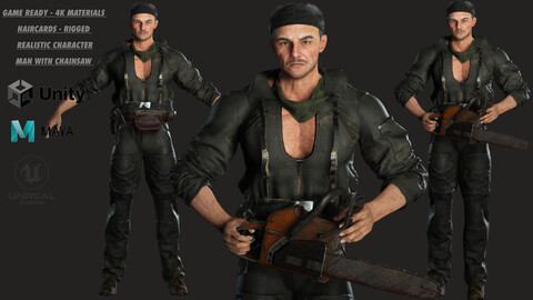 AAA 3D REALISTIC OLD MAN MUSCULAR CHARACTER - APOCALYPTIC SURVIVOR CHAINSAW