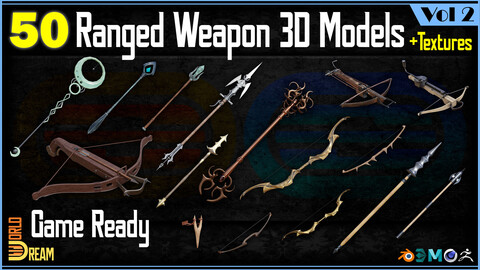 50 Ranged Weapon 3D Models with Textures | Game Ready | Vol 2