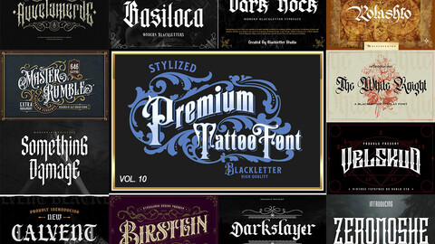 12 Premium Tattoo Font Bundle 10, Custom tatoos design, Logo Fonts, Black Letter Calligraphy, Photoshop Font, Procreate Font