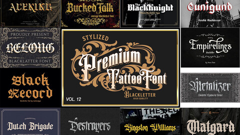 12 Premium Tattoo Font Bundle 12, Custom tatoos design, Logo Fonts, Black Letter Calligraphy, Photoshop Font, Procreate Font