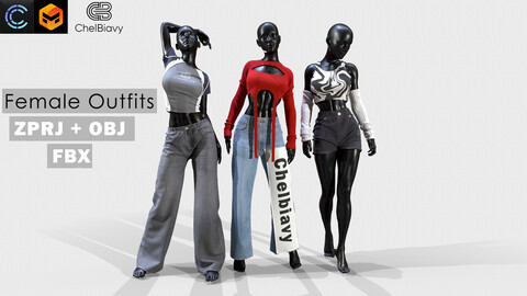 Realistic 3D Models of Female Outfits . Marvelous Designer , Clo3D