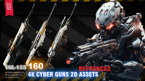 160 4K CYBER GUNS 2D ASSETS AND REFRENCES - (TRANSPARENT & SILHOUETTE & OPACITY) - VOL 155