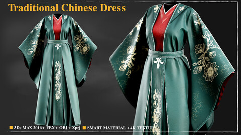 Traditional Chinese Dress / Marvelous Designer / 4k Textures/Smart material / OBJ-FBX