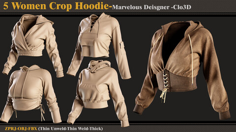 5 Women Crop Hoodie /Marvelous Designer-Clo3D (ZPRJ + FBX + OBJ)