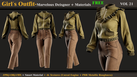 Girl's Outfit- Marvelous Designer/Clo3d + OBJ + FBX (vol 21) -FREE