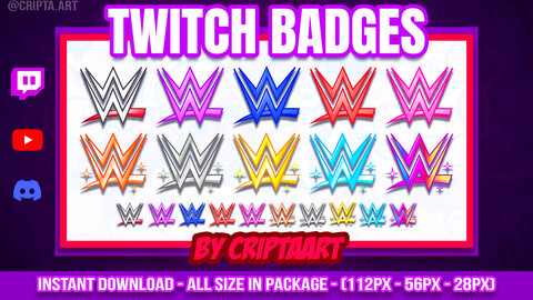 WWE Twitch Sub Badges, World Wrestling Bit Badges, emblem for fighting video game stream  Channel Points Discord Badges Youtube Badges Subscriber Badges Facebook Badges Tiktok Badges