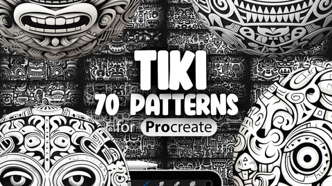 70 Procreate Tiki Patterns | Little Tiki Creatures Procreate Texture Seamless Brushes | Tiki Tattoo Procreate Brush