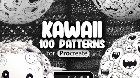 100 Procreate Kawaii Patterns | Kawaii Faces Procreate Texture Seamless Brushes | Procreate Kawaii Monsters Pattern Brush
