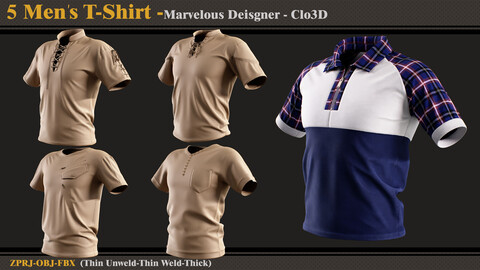 5 Men's T-Shirt /Marvelous Designer-Clo3D (ZPRJ + FBX + OBJ)