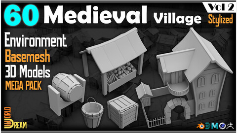 60 Medieval Village Environment Basemesh 3D Models | Stylized | Vol 2
