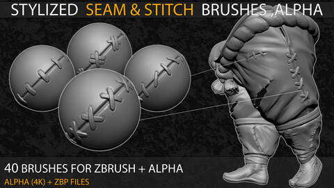 40 Stylized Seam & Stitch Brushes & Alpha (Tileable 4k-16bit)