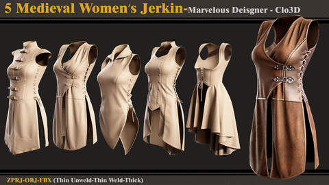 5 Medieval Women's Jerkin/Marvelous Designer-Clo3D(ZPRJ + FBX + OBJ)