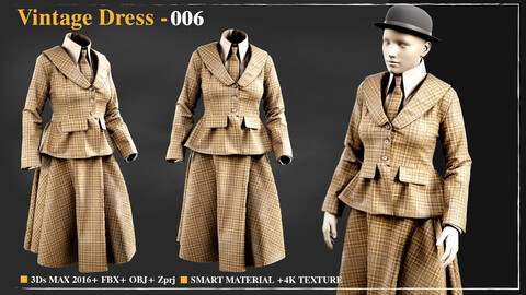 Vintage Dress 006 / Marvelous Designer / 4k Textures/Smart material / OBJ-FBX