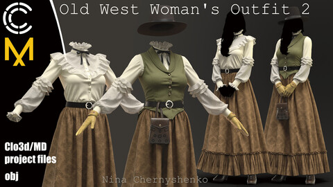Old West Woman's Outfit 2. Marvelous Designer/Clo3d project + OBJ.