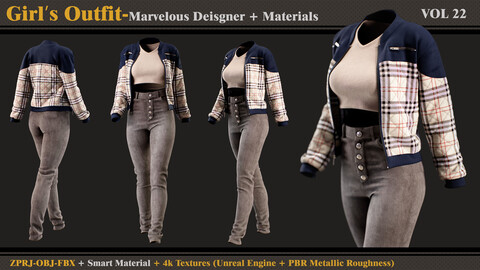 Girl's Outfit- Marvelous Designer/Clo3d + Smart Material + 4K Textures + OBJ + FBX (vol 22)