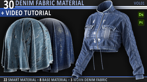 30 Denim Fabric Material - VOL01 / SBSAR File + SPSM File (22 Smart Material + 8 Base Material) + Video Tutorial