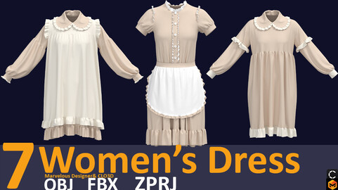 7 vintage women's outfit 3d models (VOL.01) Zprj, Fbx, OBJ