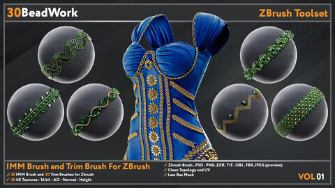 30 BeadWork -  IMM Brush and Trim Brush For ZBrush - VOL 01