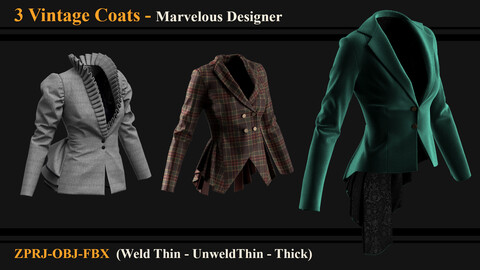 3 Vintage Coats (Marvelous Designer/ Clo3d)+ZPRJ+OBJ+FBX