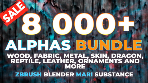 8000+ Alphas Bundle. Fabric, wood, skin, metal, dragon, reptile, metal and more alphas for ZBrush, Blender, Mari, Substance. Displacement Maps.