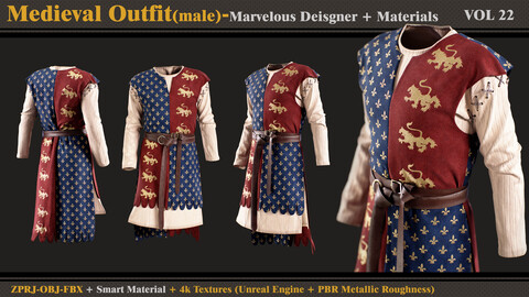 Medieval Outfit-MALE- MD/Clo3d + Smart Material + 4K Textures + OBJ + FBX (vol 22)