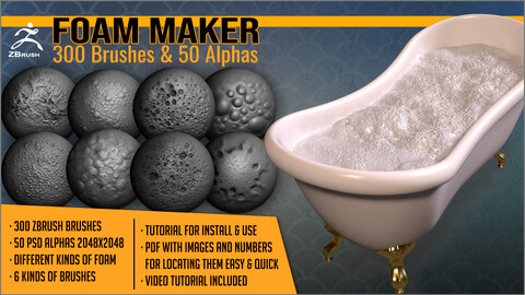 Foam Maker 300 ZBrush Brushes and 50 Alphas