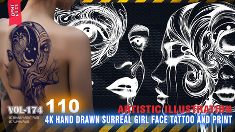 110 4K HAND DRAWN SURREAL GIRLS FACE TATTOO AND PRINT ILLUSTRATION - HIGH END QUALITY RES - (TRANSPARENT & ALPHA) - VOL174