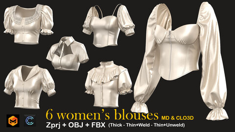 6  Different Women's Blouses . Clo3D . MD Projects + OBJ + FBX