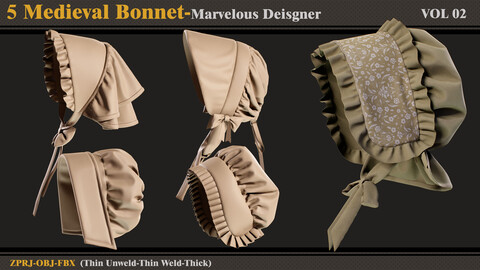 5 Medieval Bonnets /Marvelous Designer-CLo3D (ZPRJ + FBX + OBJ) -VOL 2