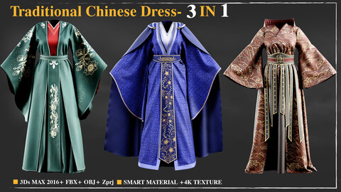3 Traditional Chinese Dress  / Marvelous Designer / 4k Textures/Smart material / OBJ-FBX