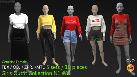 Girls Outfit Collection N1 #83 *10 Pieces* _ MarvelousDesigner/CLO Project Files+fbx+obj+mtl _ Genesis8Female