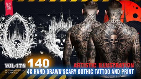 140 4K HAND DRAWN SCARY GOTHIC TATTOO AND PRINT ILLUSTRATION - HIGH END QUALITY RES - (TRANSPARENT & ALPHA) - VOL176
