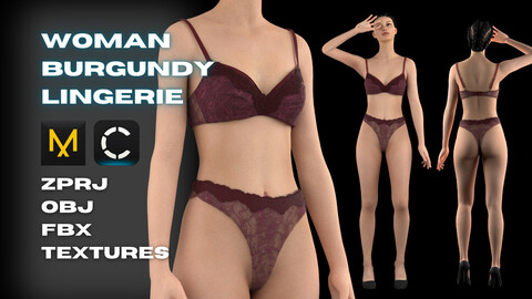 Woman Burgundy Underwear Set Modeling in Clo3D - Marvelous Designer