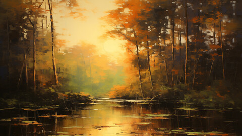 Quiet pond at sunset - AI Art