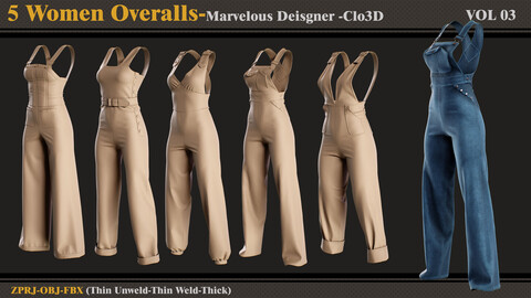 5 Women Overalls /Marvelous Designer-Clo3D (ZPRJ + FBX + OBJ)- VOL 3
