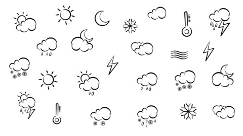 4K Moving Weather Icons. Black and White Set
